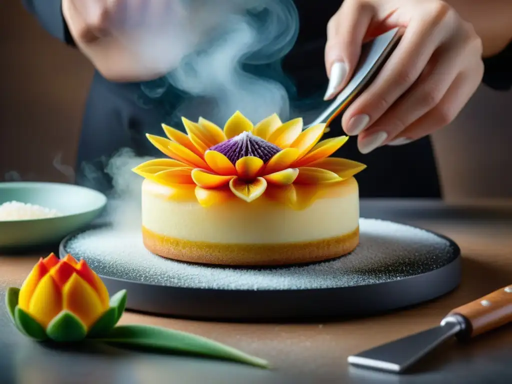 Un delicado crisantemo de azúcar se cristaliza con detalle en una cocina sin gluten, rodeado de herramientas de pastelería