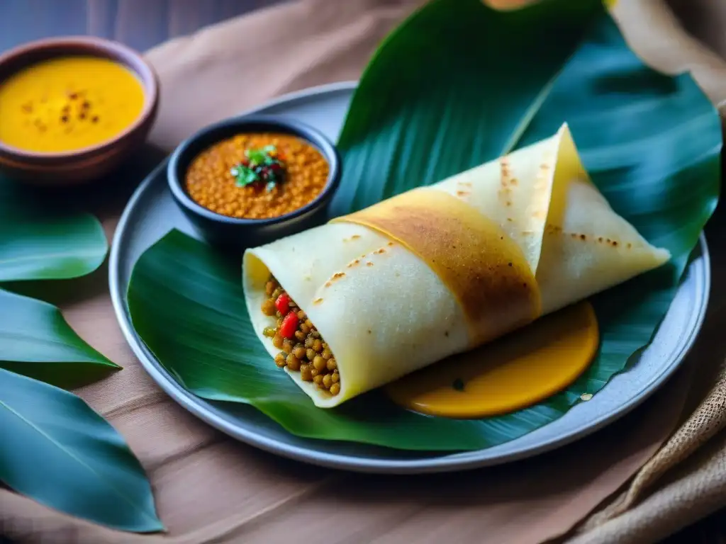 Delicado dosa masala en hoja de plátano, cocina hindú sin gluten recetas