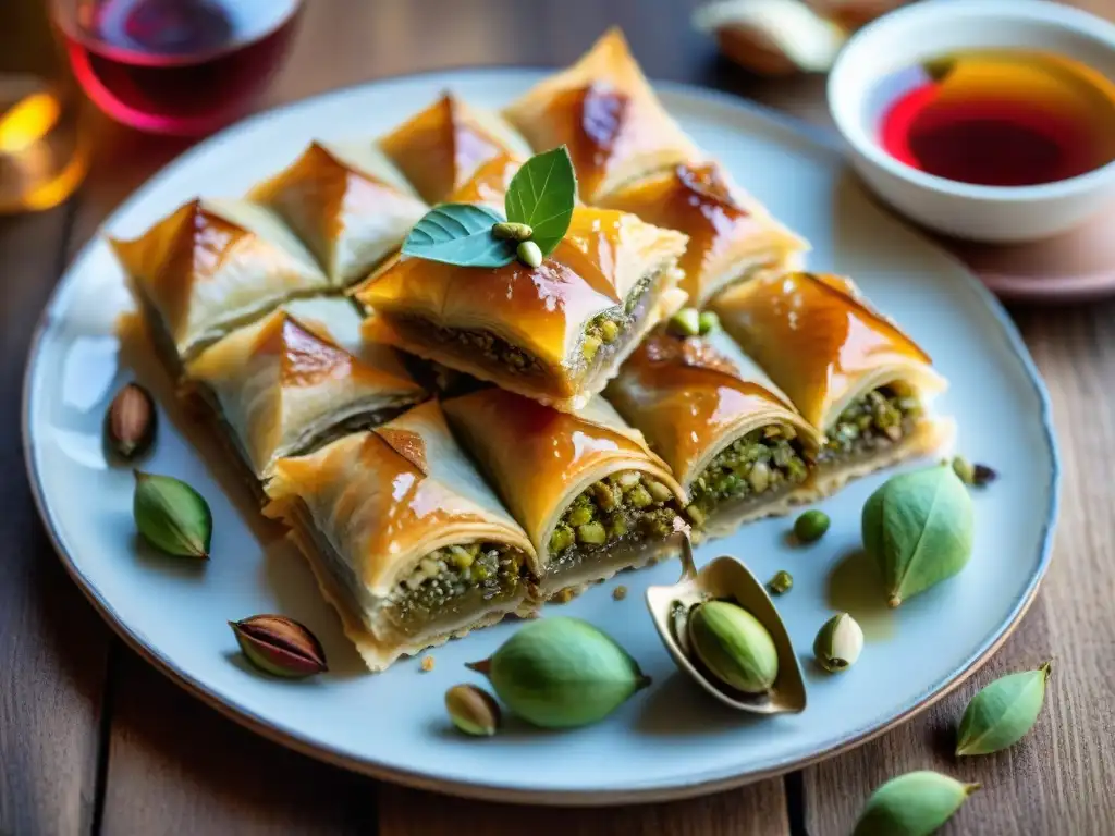 Delicado baklava sin gluten, con capas de hojaldre, nueces y miel, decorado con pistachos y pétalos de rosa sobre mesa rústica