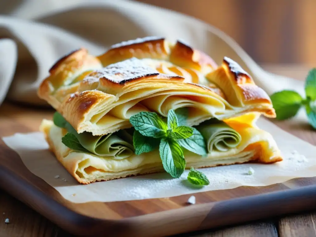 Delicado hojaldre sin gluten casero, dorado y esponjoso con bayas y menta, en tabla de madera