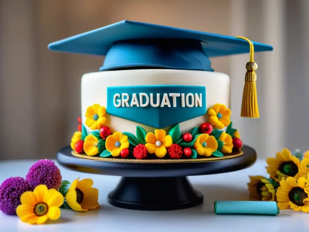 Delicado pastel de graduación sin gluten con decoraciones elaboradas y temáticas, rodeado de flores frescas y adornos festivos