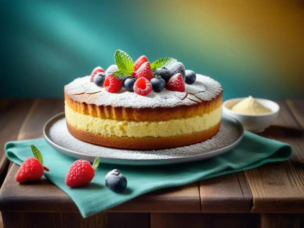 Delicado pastel sin gluten de harina de almendras, decorado con frutas frescas y menta