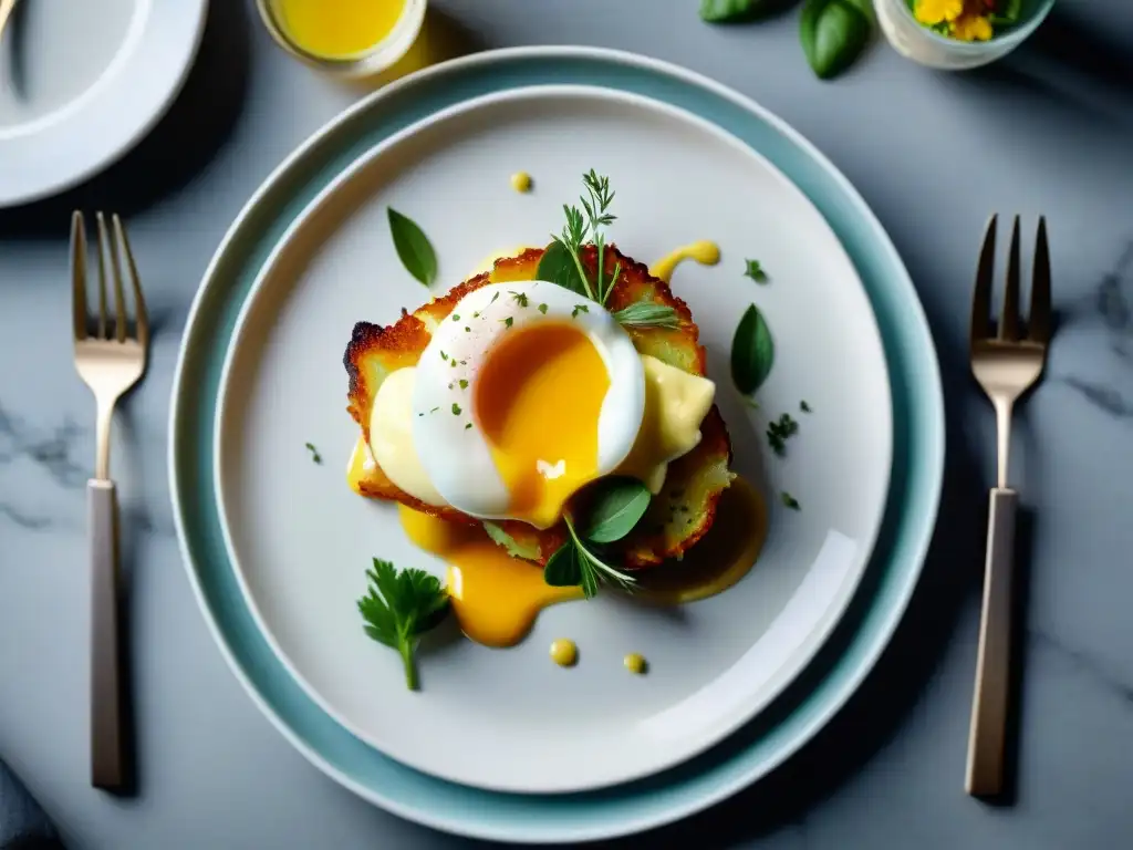 Delicado plato gourmet de huevos benedictinos sin gluten sobre mesa de mármol