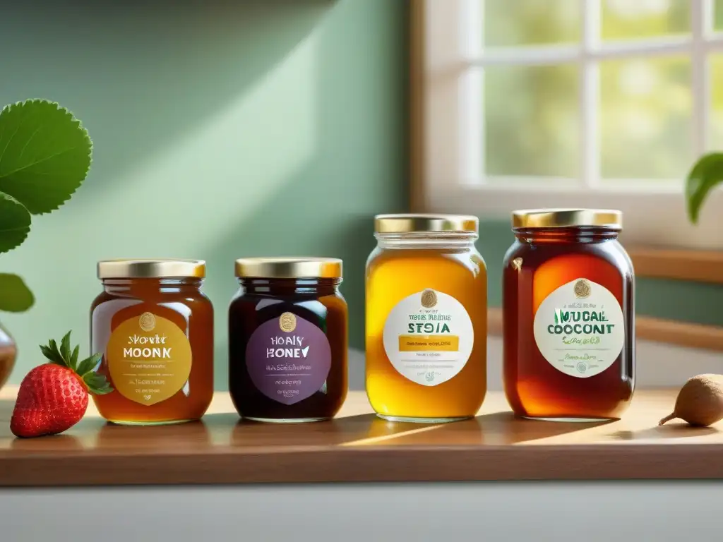 Delicados endulzantes naturales en tarros de vidrio sobre una encimera de madera, para endulzar recetas sin gluten