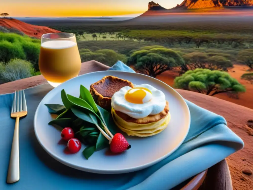 Delicias australianas sin gluten: brochetas de canguro, pavlova y empanada, en el Outback al atardecer