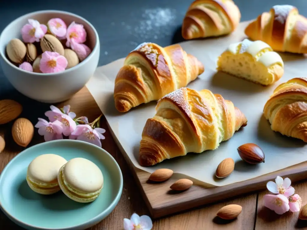 Delicias sin gluten de harina de almendra: croissants, macarons y biscotti, con almendras frescas y flores blancas