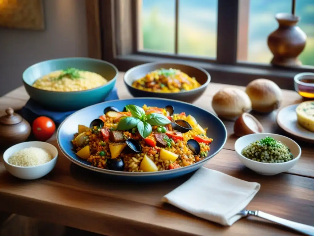 Delicias sin gluten inspiradas mundialmente, plato de paella, risotto, ratatouille y moussaka en mesa de madera rústica