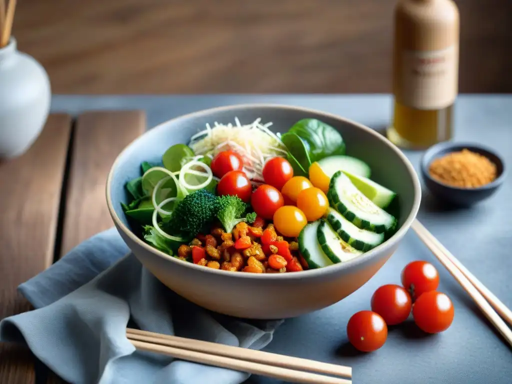 Deliciosa ensalada asiática sin gluten vegana, con ingredientes frescos y coloridos en un bol sobre mesa de madera rústica