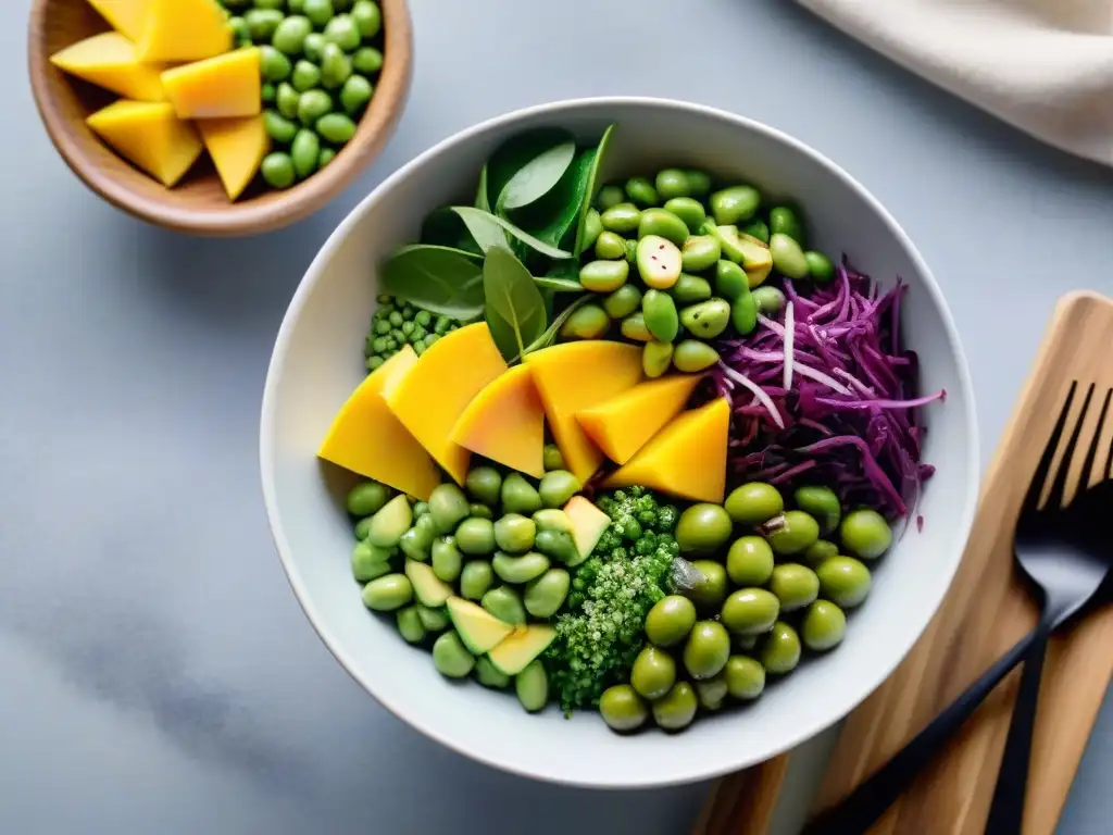 Deliciosa ensalada asiática vegana sin gluten con aguacate, mango, col lombarda, edamame y semillas de sésamo en un bol colorido y fresco