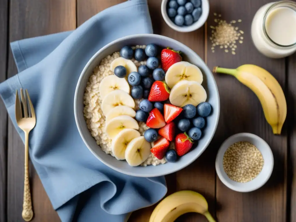 Deliciosa avena sin gluten con frutas frescas y miel, sobre una mesa rústica con leche de almendra al fondo