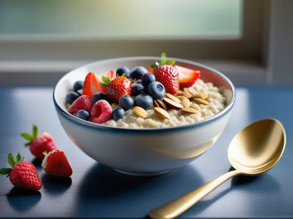 Deliciosa avena sin gluten con frutos rojos, chía, almendras y miel, bañada por luz matutina