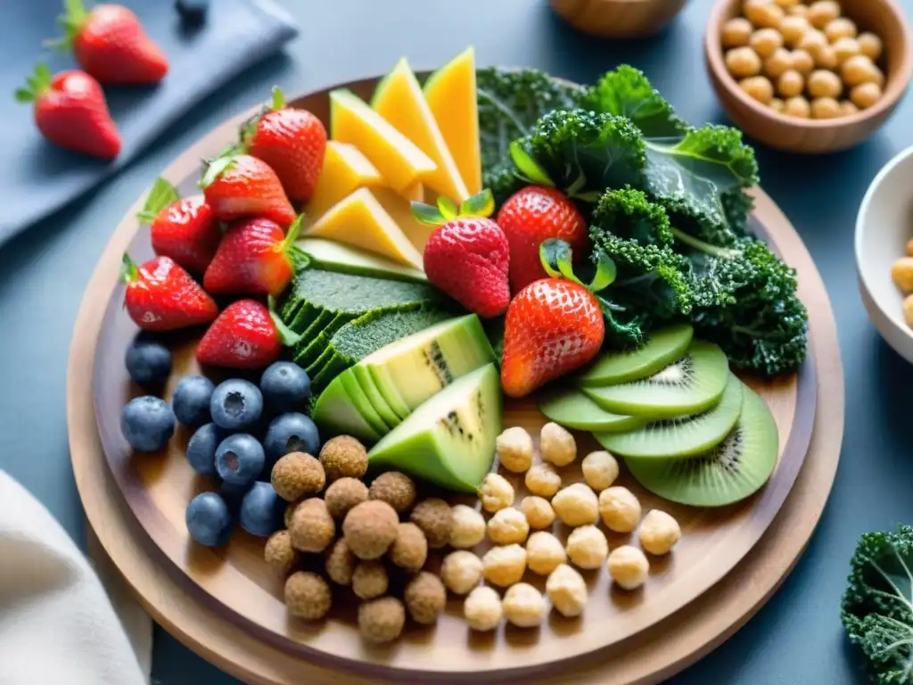 Deliciosa bandeja de madera con snacks veganos sin gluten saludables y coloridos: frutas frescas, chips de kale y bolitas de energía crudas