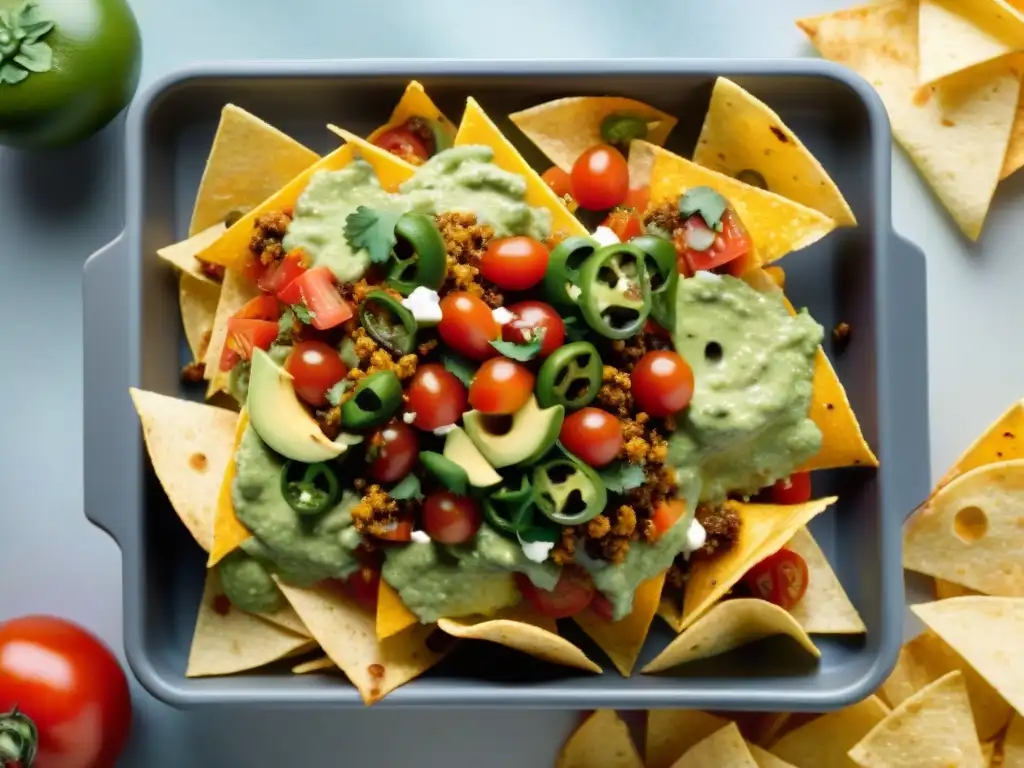 Deliciosa bandeja de nachos sin gluten caseros, con tomate, jalapeños, queso fundido y guacamole cremoso