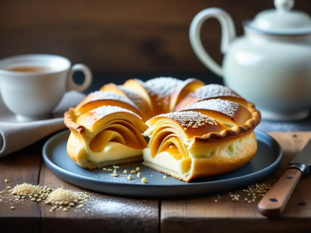 Deliciosa Banitsa sin gluten recién horneada con relleno de queso cremoso y semillas de sésamo, en ambiente acogedor de cocina rustica