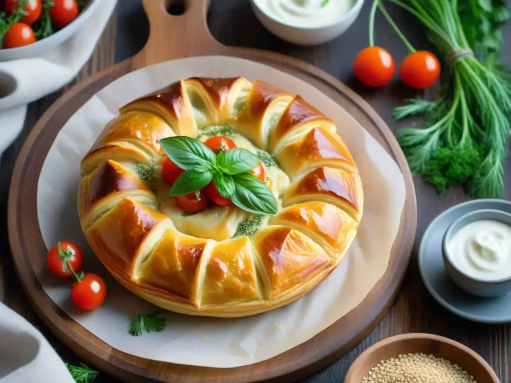 Deliciosa Banitsa sin gluten receta fácil, recién horneada, con semillas de sésamo, hierbas frescas y tomates cherry