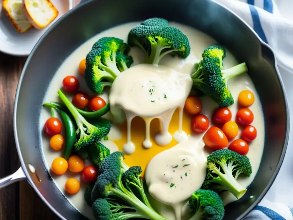 Deliciosa bechamel sin gluten espesando salsas, sobre verduras frescas en sartén