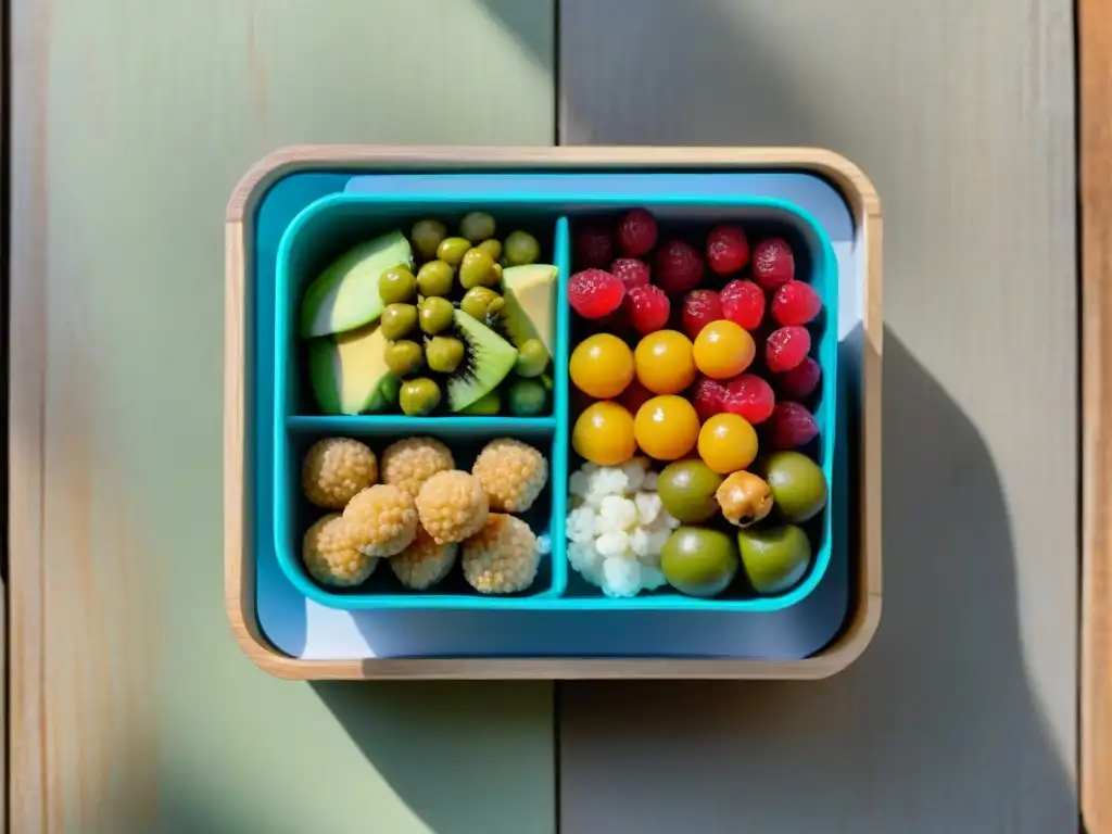 Deliciosa bento box con meriendas sin gluten creativas en una mesa de madera iluminada por la luz natural