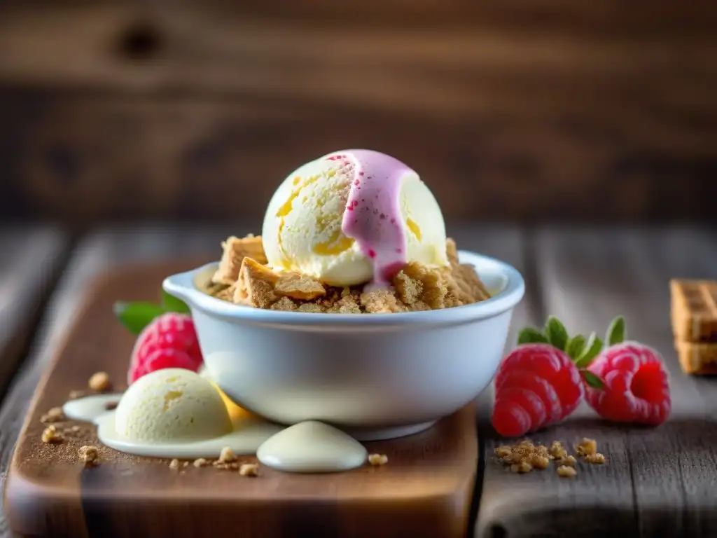 Deliciosa bola de helado cremoso sin gluten con galleta y frambuesa en mesa rústica