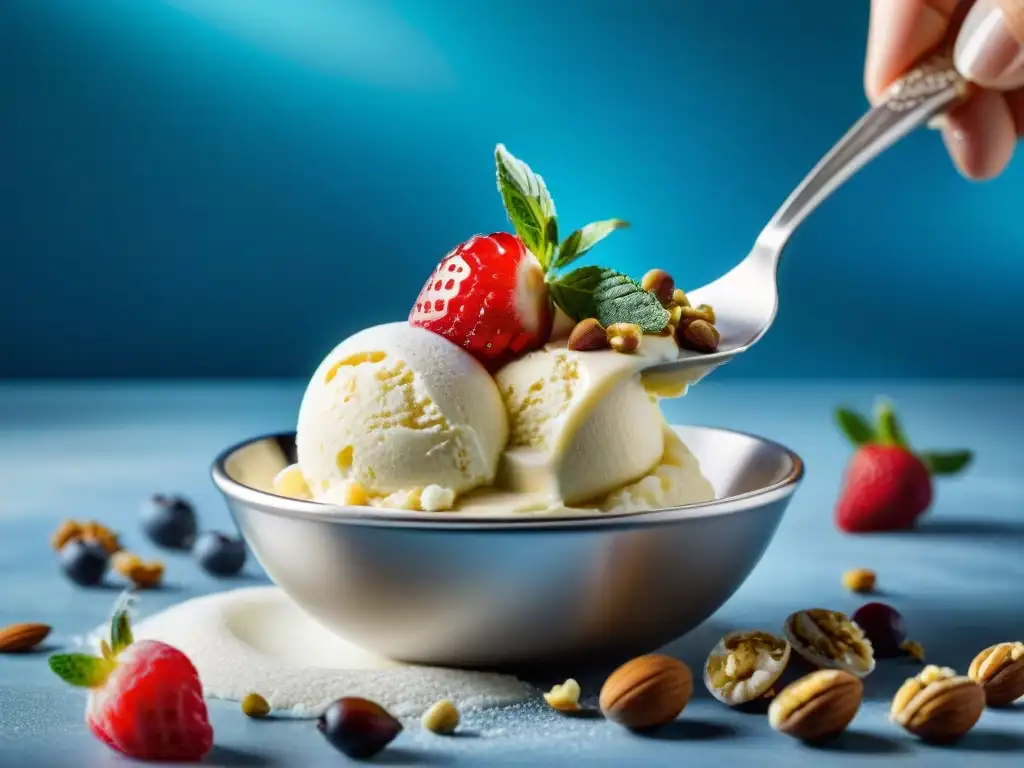 Deliciosa bola de helado sin gluten en cuchara de plata, decorada con frutas y nueces en cocina soleada