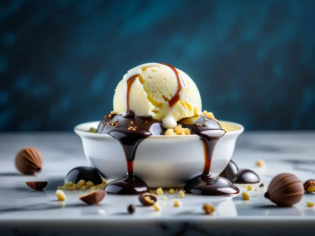 Deliciosa bola de helado de vainilla sin gluten con salsa de chocolate y nueces, en una cocina acogedora