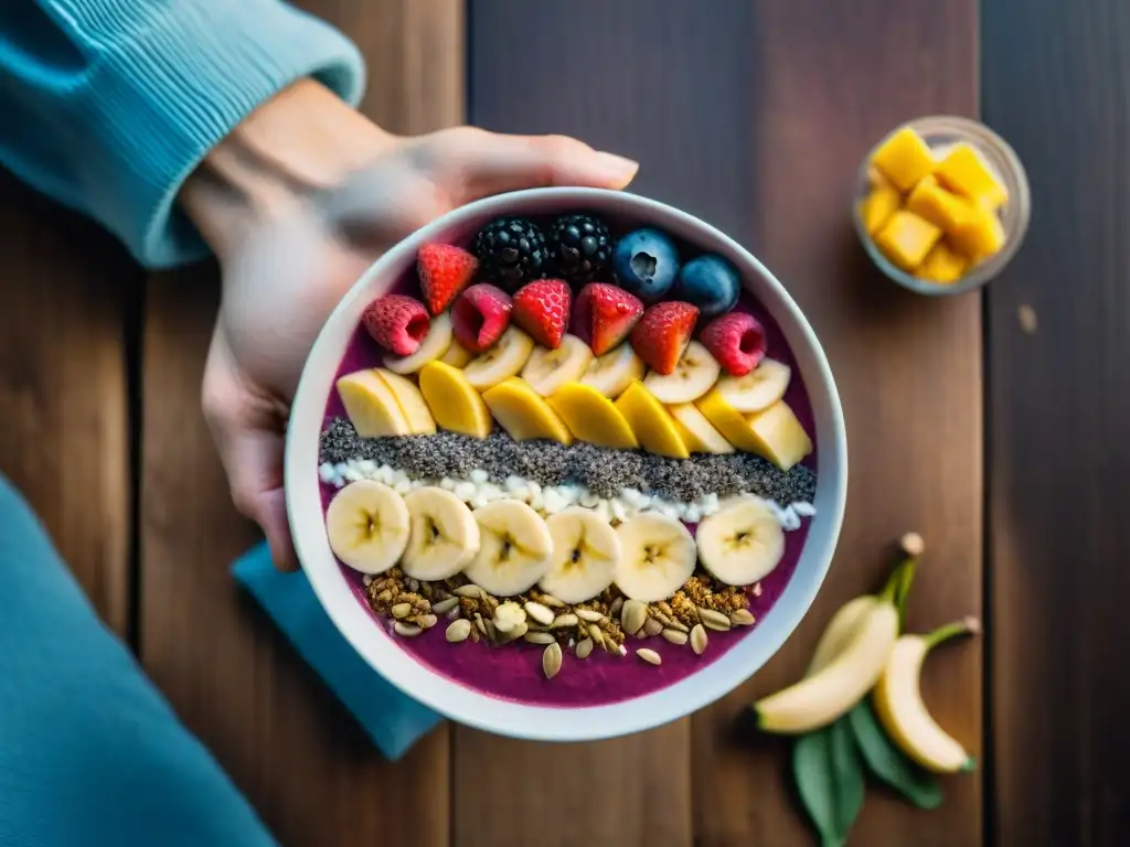 Deliciosa bowl de smoothie colorida con ingredientes frescos sin gluten, ideal para la mejor licuadora para smoothies sin gluten