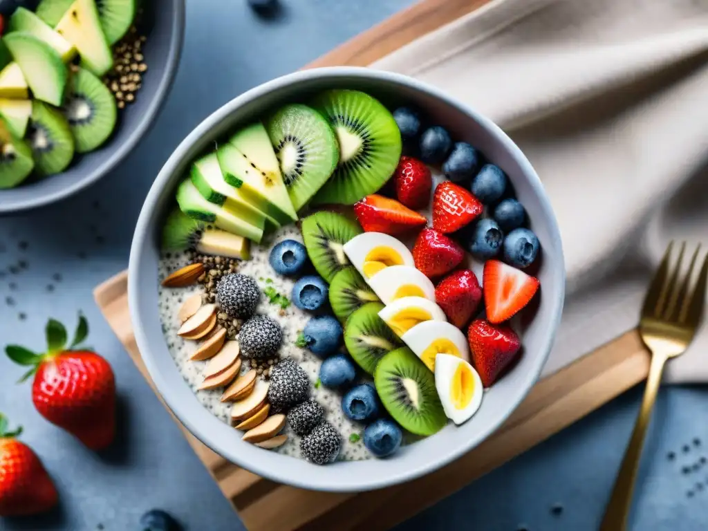 Deliciosa bowl de smoothie con frutas frescas y semillas, en cocina moderna con luz natural