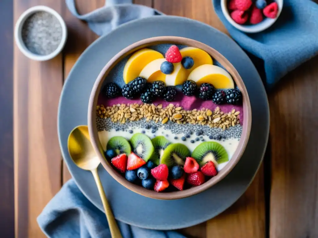 Deliciosa bowl de smoothie con frutos rojos y harina de chía sin gluten en mesa rústica