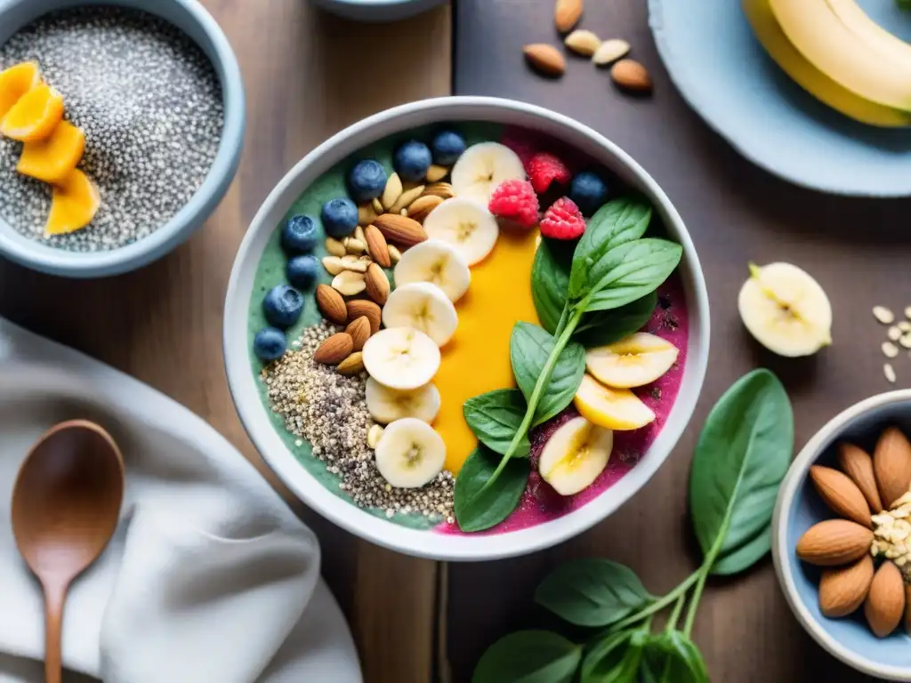 Deliciosa bowl de smoothie sin gluten con chía, frutas frescas y frutos secos en una mesa rústica