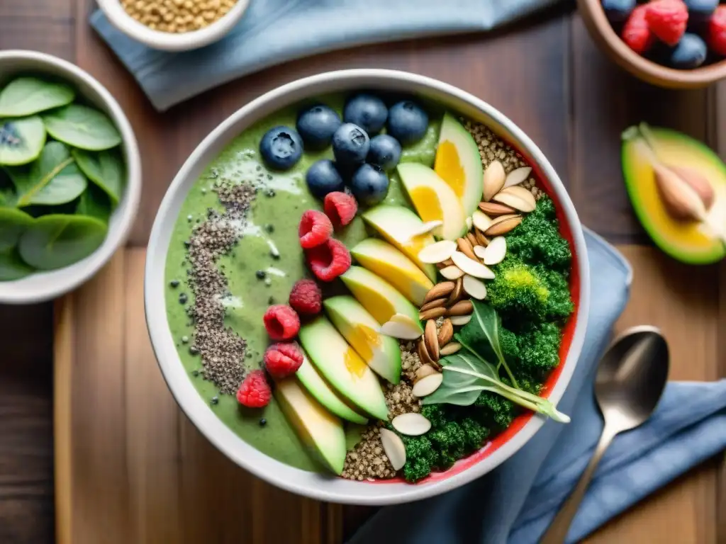 Deliciosa bowl vegana con fuentes de calcio: batido verde, almendras, semillas de chía y frutos rojos sobre mesa de madera rústica