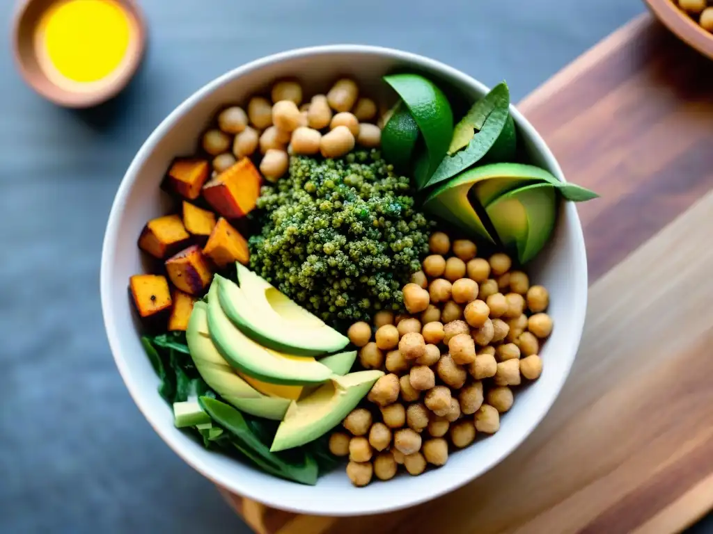 Deliciosa Buddha bowl con fuentes de proteínas sin gluten en mesa de madera