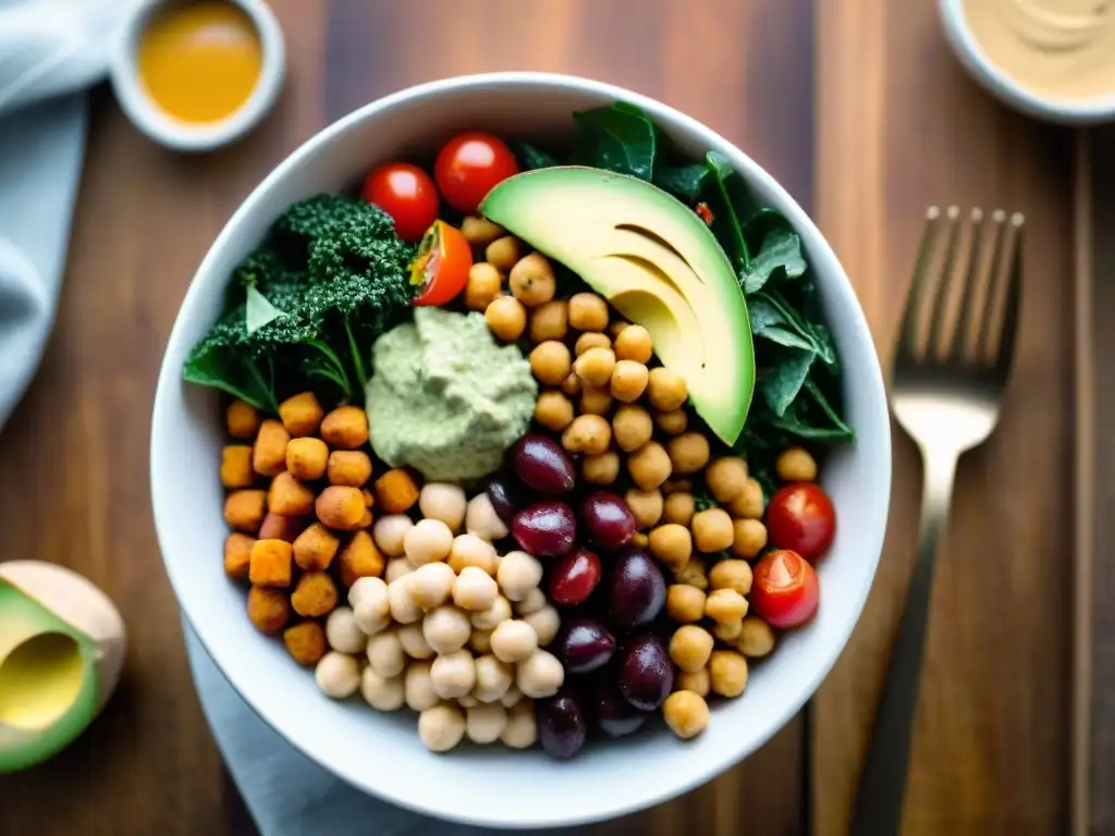 Deliciosa Buddha bowl sin gluten: quinoa, batata, aguacate, tomate, garbanzos y kale, con aderezo de tahini