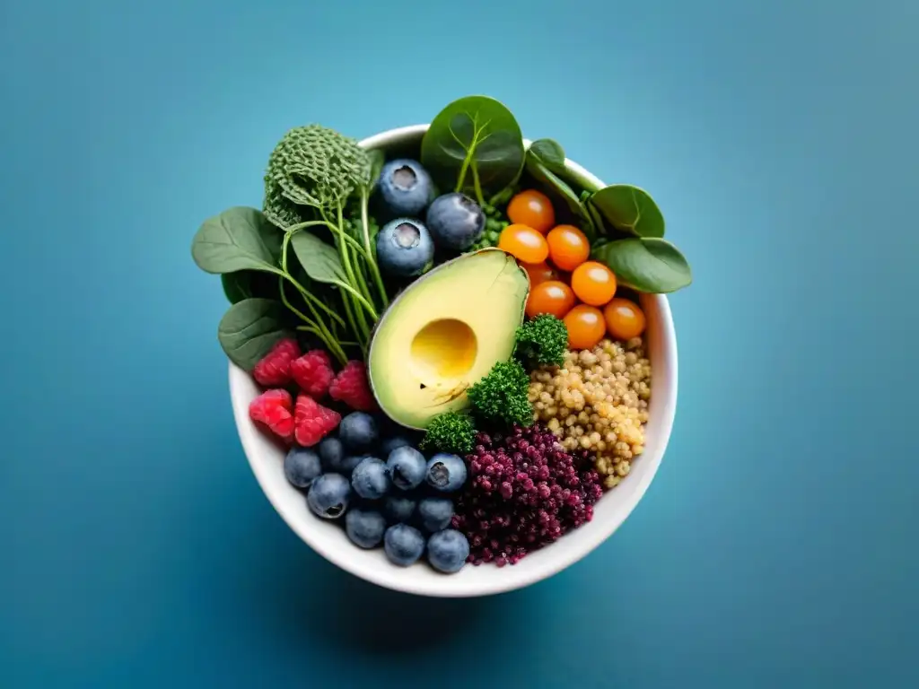 Deliciosa Buddha bowl con superalimentos sin gluten beneficios, como quinoa, aguacate, arándanos y nueces, vibrante y nutritiva