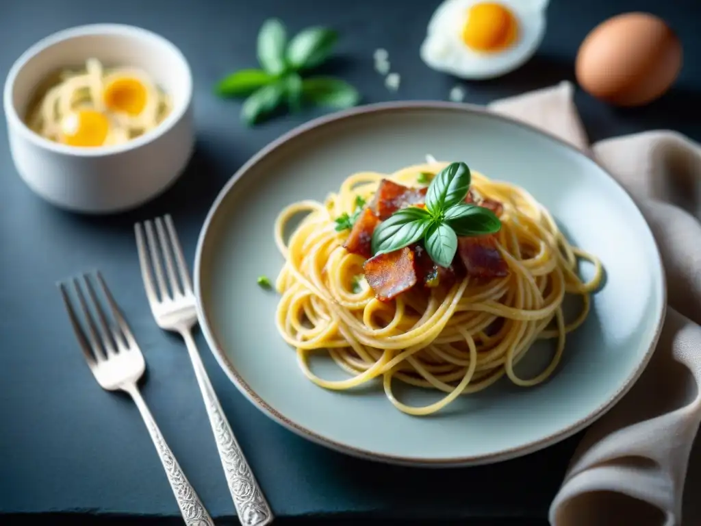 Deliciosa carbonara sin gluten en plato elegante, con colores y texturas cautivadores