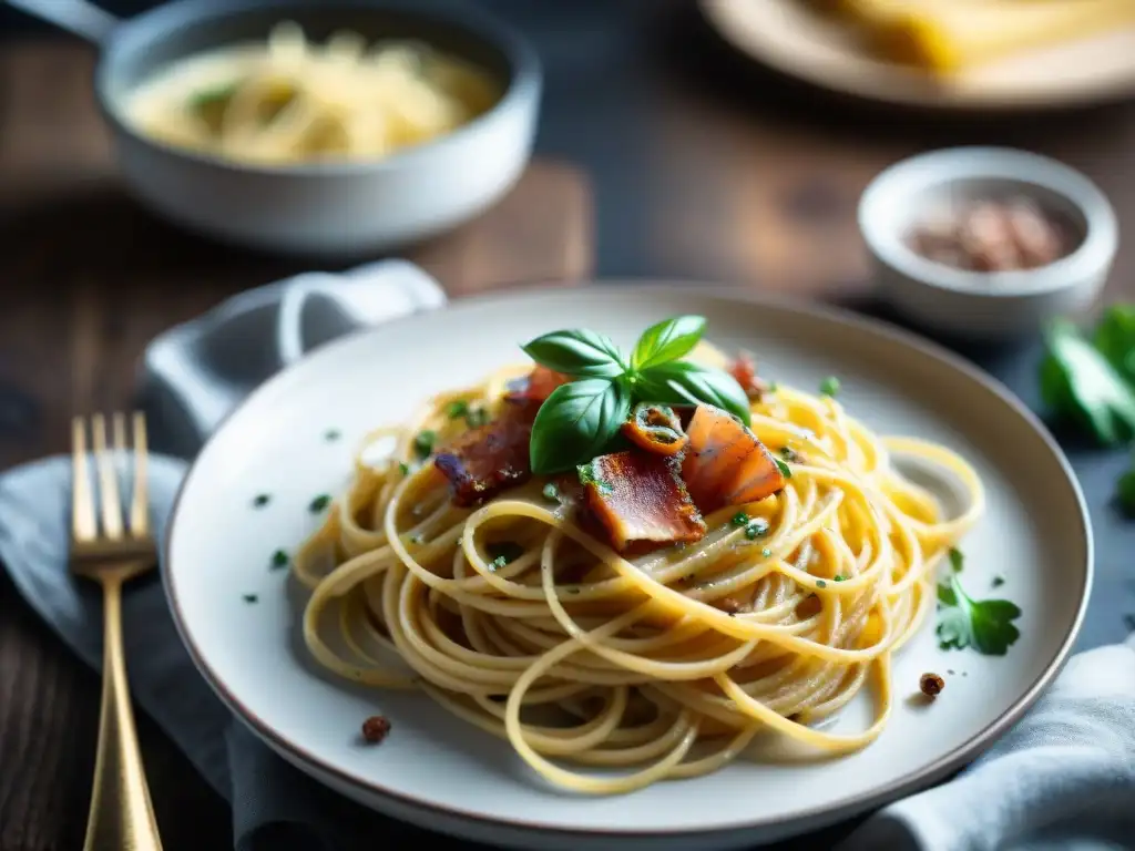 Deliciosa carbonara sin gluten: pasta con panceta crujiente, pimienta negra y perejil