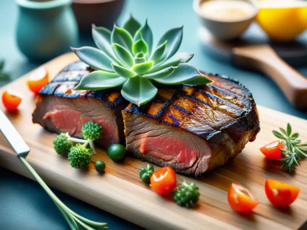 Deliciosa carne asada con marinada sin gluten, bañada por el sol en una tabla de cortar de madera con hierbas y vegetales coloridos