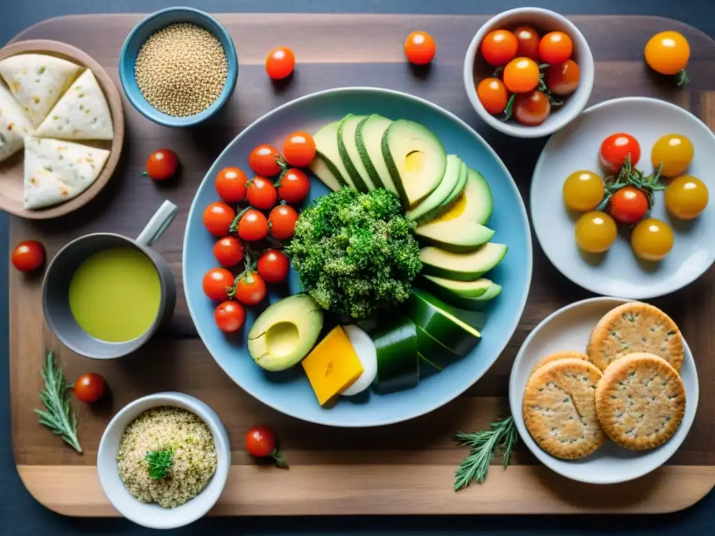 Deliciosa cena sin gluten: quinoa, vegetales, salmón, aguacate y crackers en mesa de madera