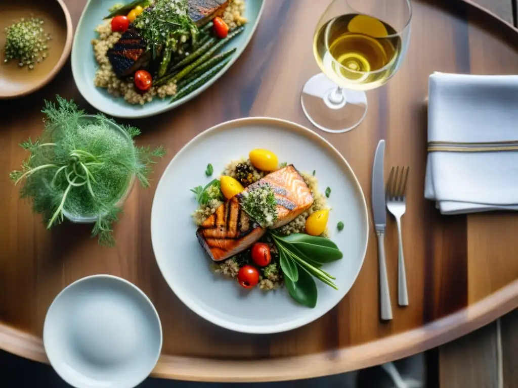 Deliciosa cena sin gluten con salmon, vegetales y quinoa, en un ambiente cálido y acogedor con vino blanco