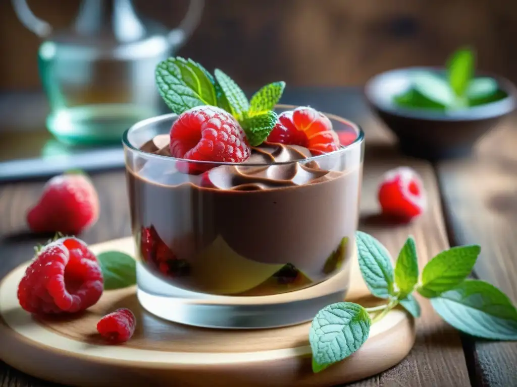 Deliciosa presentación de mousse de chocolate y aguacate en copa de cristal, decorado con frambuesas y menta, en mesa rústica