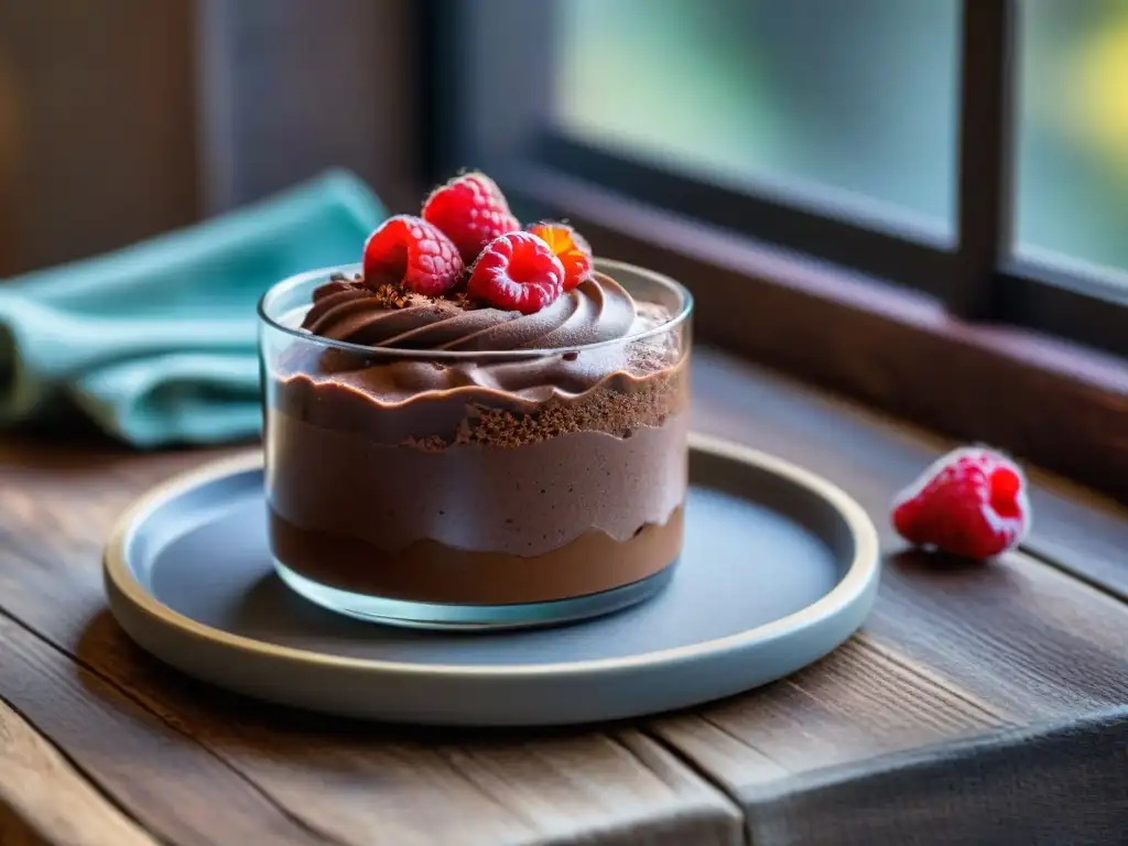 Deliciosa mousse de chocolate y aguacate con frambuesas frescas y cacao en mesa de madera rústica