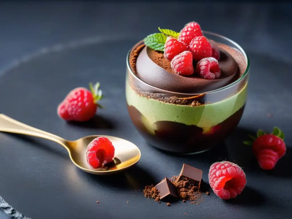 Deliciosa mousse de chocolate y aguacate con frambuesas frescas, presentada de manera elegante en copa de postre sobre encimera de mármol