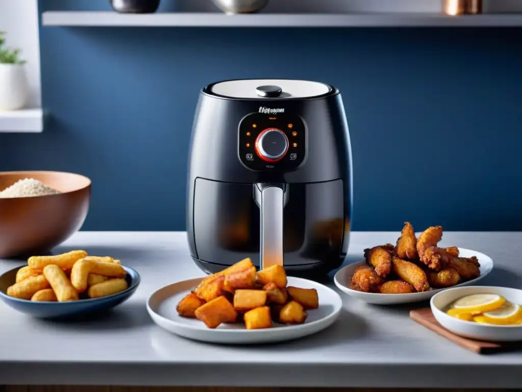 Deliciosa cocina sin gluten en freidora de aire con papas fritas, aros de cebolla y alitas de pollo crujientes doradas en una elegante cocina moderna