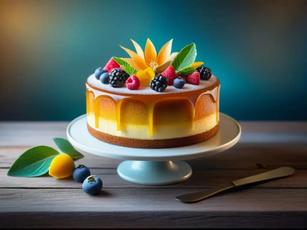 Deliciosa cocina sin gluten con edulcorantes: un pastel decorado con frutas y flores, sobre una mesa rústica con luz suave