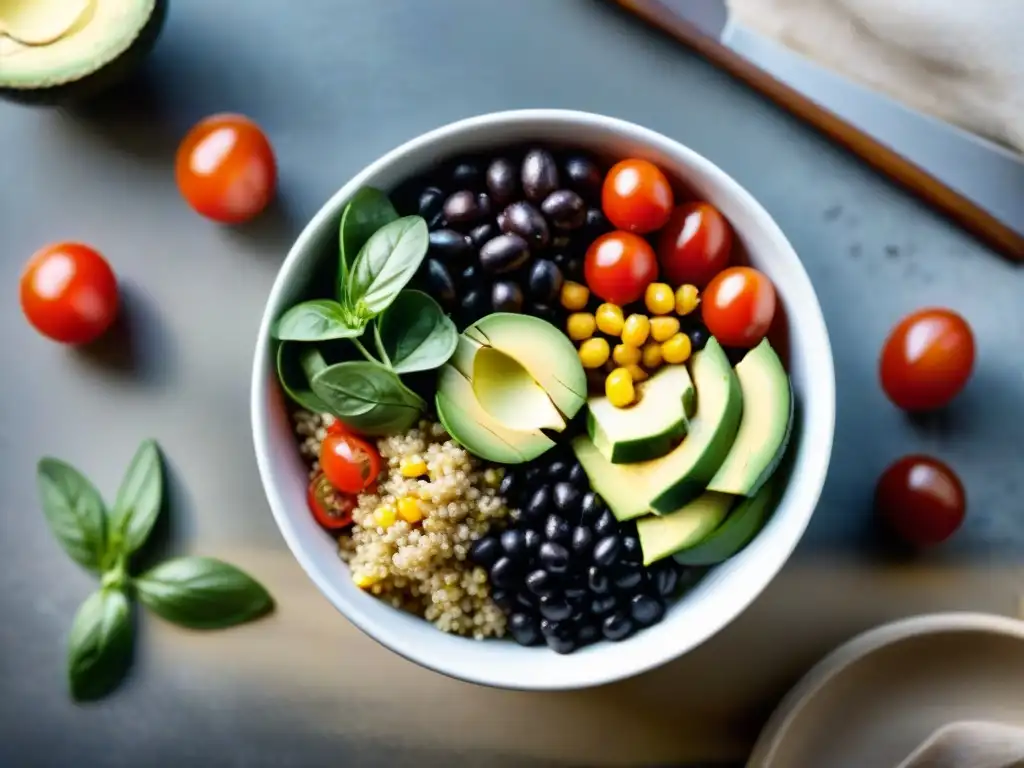 Deliciosa cocina sin gluten con quinoa: ensalada vibrante y fresca con tomates cherry, aguacate, cebolla morada, frijoles negros y maíz