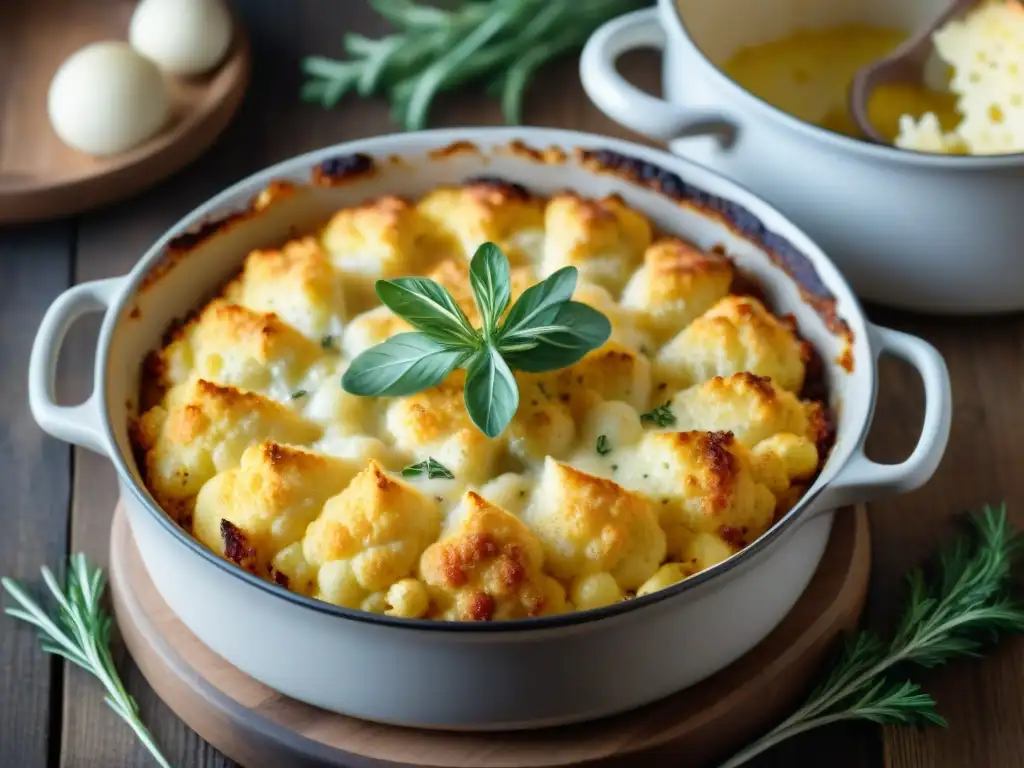 Deliciosa coliflor gratinada sin gluten en una mesa rústica con hierbas frescas