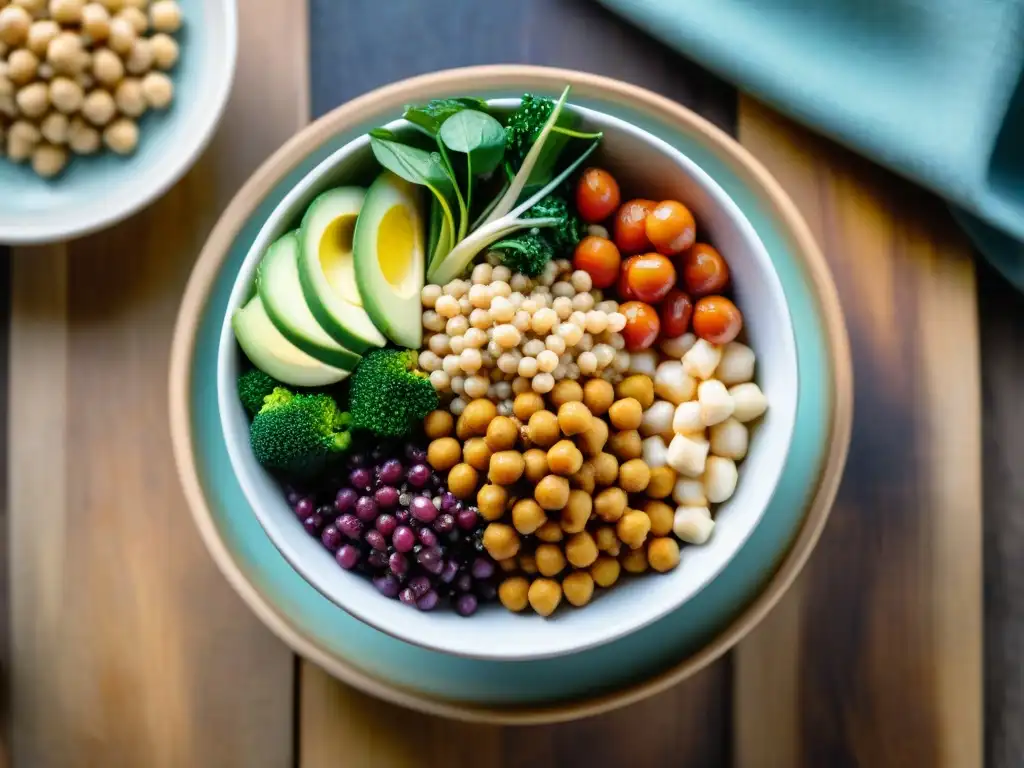 Una deliciosa y colorida Buddha bowl, repleta de proteínas vegetales, sobre una mesa de madera rústica con luz natural