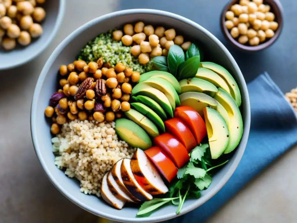 Deliciosa y colorida ensalada Buddha llena de alimentos sin gluten proteicos para construcción músculo