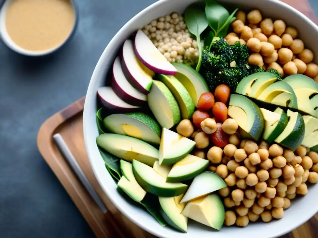 Una deliciosa y colorida ensalada Buddha bowl con ingredientes frescos y sin gluten, en una mesa de madera