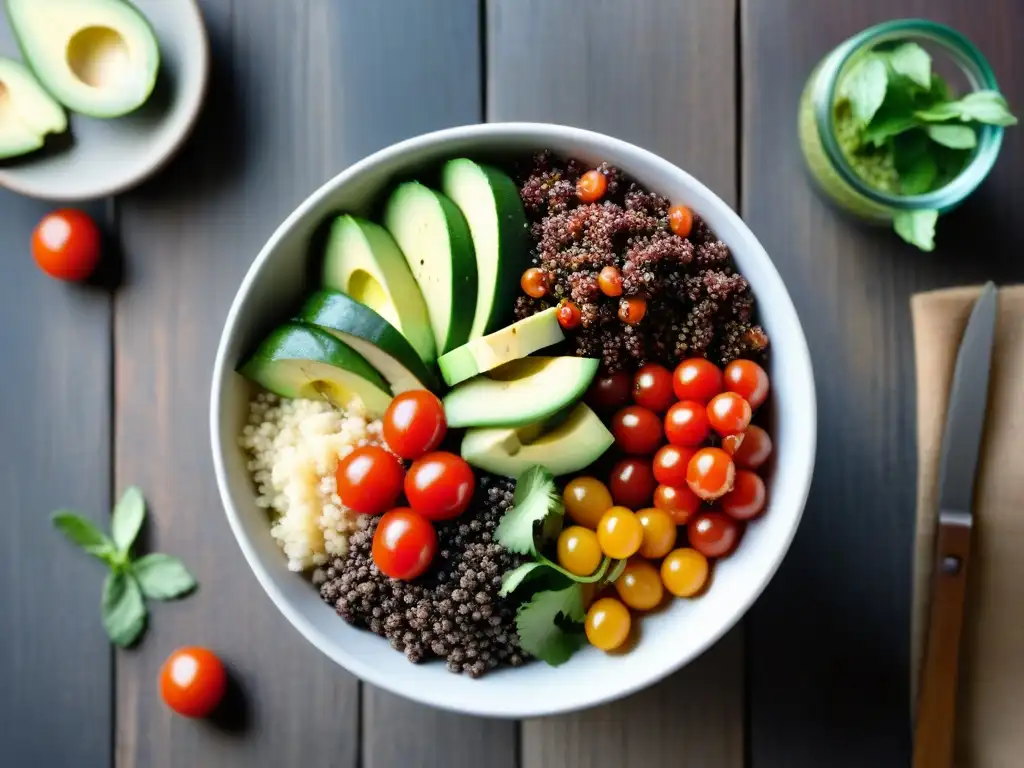 Deliciosa y colorida ensalada de quinoa sin gluten con ingredientes frescos