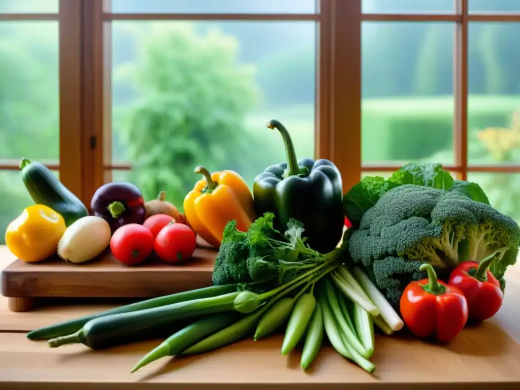 Una deliciosa y colorida selección de frutas y verduras frescas en una cocina tranquila