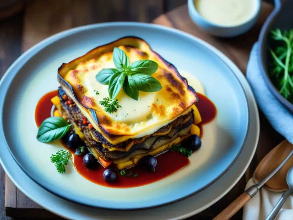 Una deliciosa y colorida versión moderna de moussaka sin gluten receta innovadora, con verduras asadas y salsa bechamel vegana